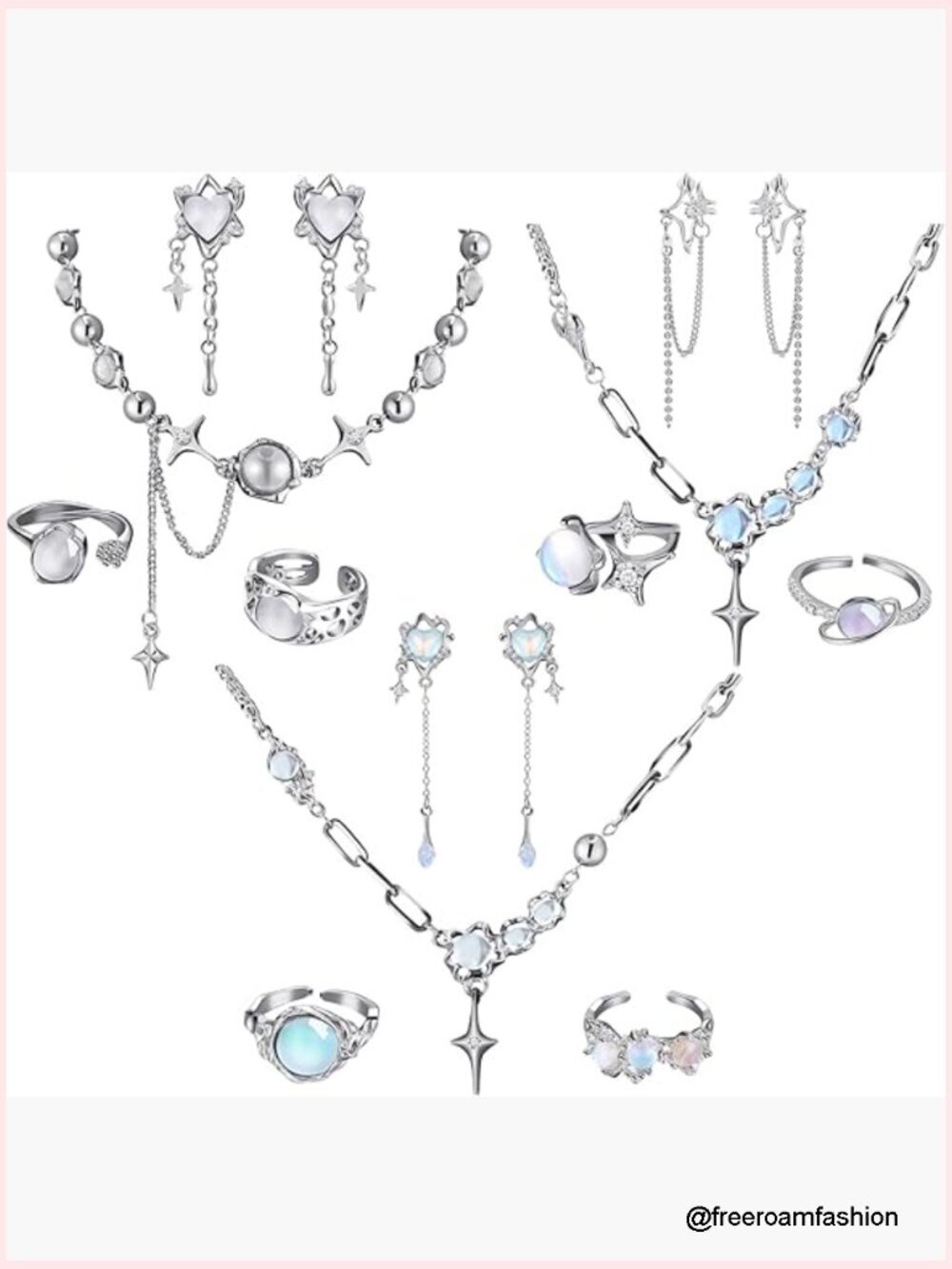 Y2K Silver Jewelry Set with Necklaces Earrings Rings Moonstone Accessories